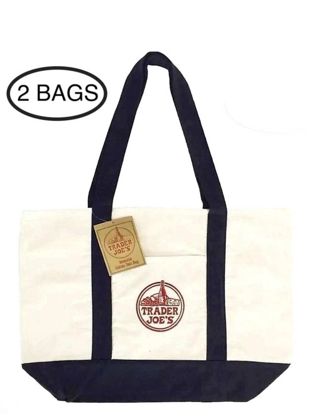 2 X Trader Joe's Large Canvas Heavy Cotton Reusable Shopping Bag - Navy Blue